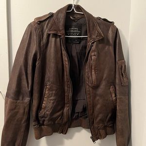 Brown Leather All Saints Bomber Jacket Sz XS/S